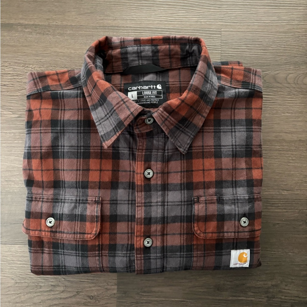 Carhartt Plaid Long Sleeve Ruat Orange Grey Black Flannel Shirt Sz Large
